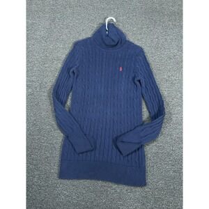 Ralph Lauren Cable Knit Turtleneck Sweater Dress Womens Medium Navy Blue Preppy